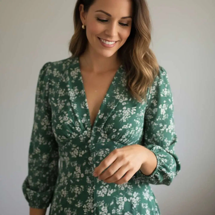 Vestido Longo Manga 3/4 Florido Verde