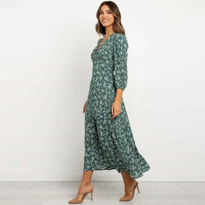 Vestido Feminino Longo Manga 3/4 Florido Verde
