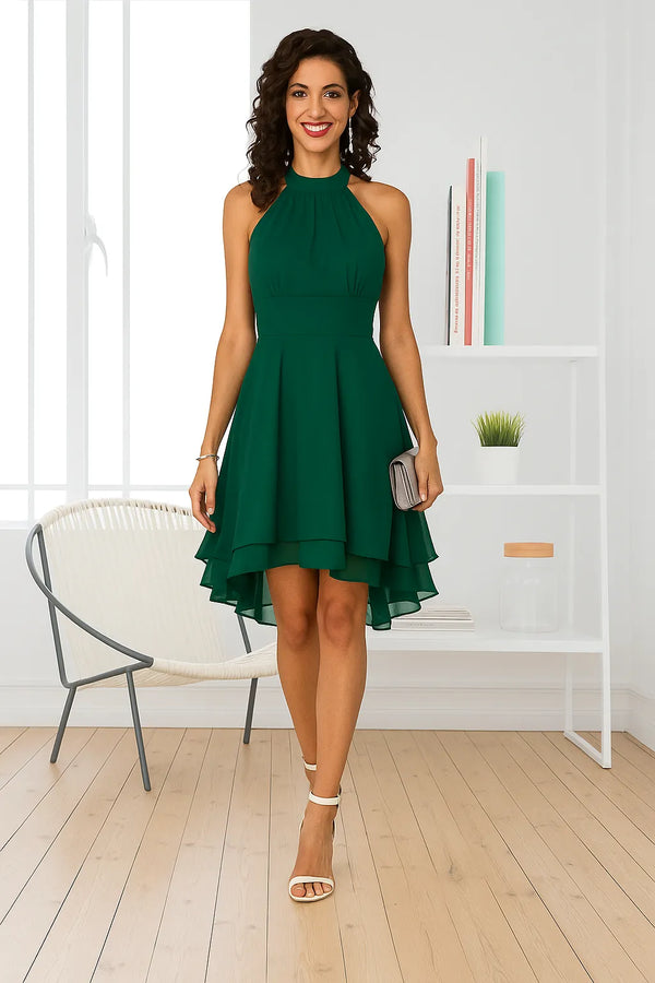 Vestido Chiffon Cintura Alta Sem Manga Verde