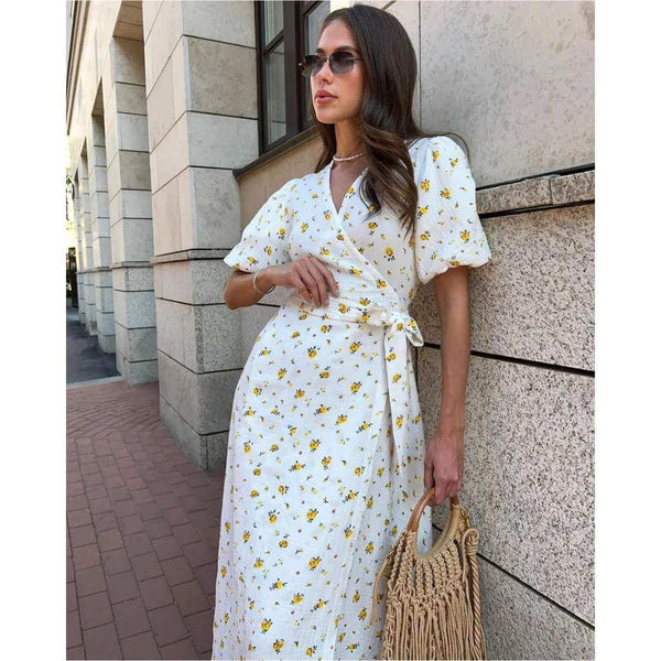 Vestido Feminino Midi Florido Amarelo