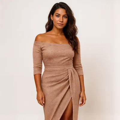 Vestido de Festa Longo Com Fenda Champagne